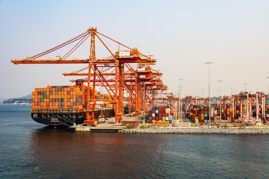 A bustling scene at Vancouver's shipping port showcasing colorful cargo containers and cranes.